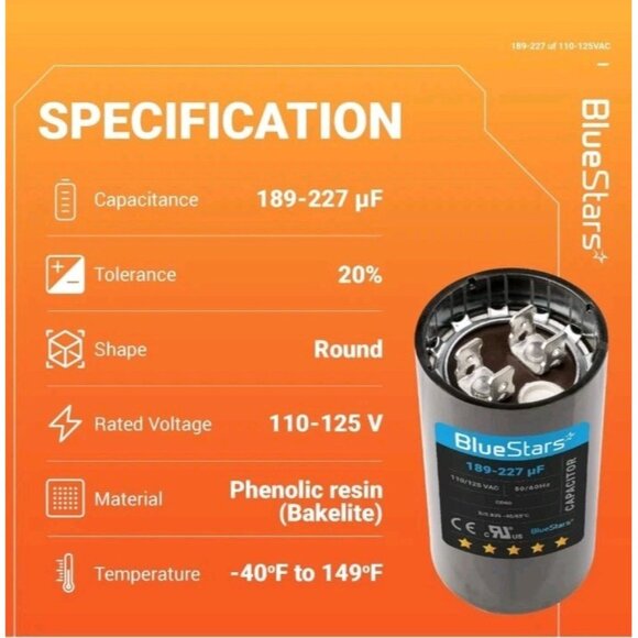 BlueStars Ultra Durable 189-227 uf/MFD 125 VAC Volts Round Start Capacitor 50/60 - Picture 3 of 12